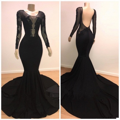 Stylish Mermaid Scoop Long-Sleeves Backless Appliques  Prom Dresses_3