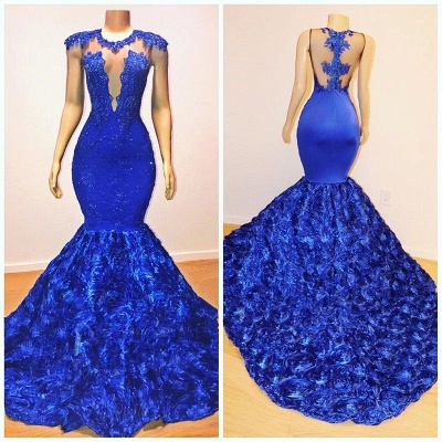 2019 Royal-Blue Flowers Mermaid Long Evening Gowns | Glamorous Sleeveless With lace Appliques Prom Dresses_5