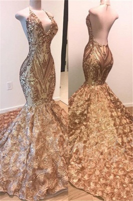 Glamorous Gold Sequins Sleeveless Prom Dress | Shiny Mermaid Evening Gowns With Flowers Bottom_1