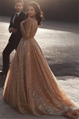 Champagne Elgant A-line Spaghetti Straps Backless Sequins Long Prom Dress_2
