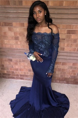 Navy Blue Appliques Long Sleeveless Prom Dresses | Sexy Off The ...