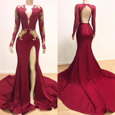Deep V-neck Long Sleeves Lace Appliques Split Mermaid Evening Gowns_5
