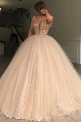Glamorous Ball Gown Spaghetti Straps Sleeveless Beaded Champagne Wedding Dress_1