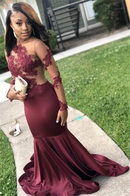 Burgundy Long Sleeves Open Back Mermaid Prom Dresses | See-Through Appliques Evening Gowns_1