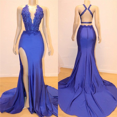 V-neck Open back Side Slit Prom Dresses | Royal Blue Mermaid Beads Lace Evening Gowns_2