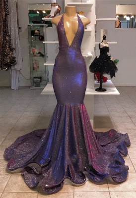 Sexy Deep V-Neck Sleeveless Prom Dresses | Halter Memaiad Sequins Evening Gowns_2