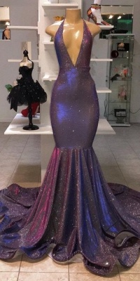 Sexy Deep V-Neck Sleeveless Prom Dresses | Halter Memaiad Sequins Evening Gowns_3