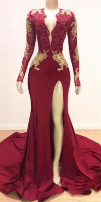 Deep V-neck Long Sleeves Lace Appliques Split Mermaid Evening Gowns_3