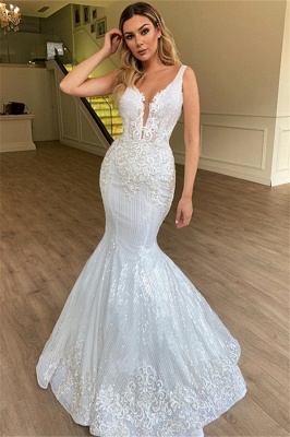 Gorgeous Mermaid Sheer Straps Sleeveless Appliques Tulle Wedding Dress_1