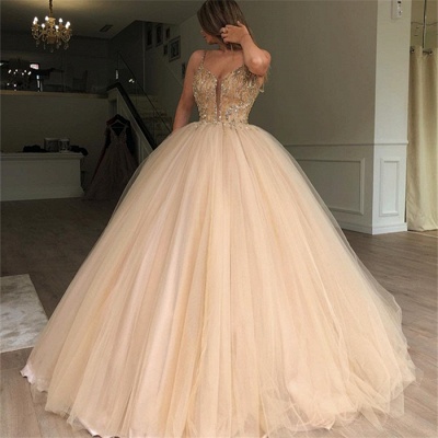 Glamorous Ball Gown Spaghetti Straps Sleeveless Beaded Champagne Wedding Dress_3