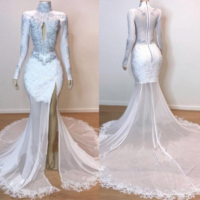White Stunning Lace Long Sleeves Prom Dresses | Sheer Slit Mermaid Evening Gowns_4