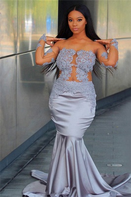 Chic Off The Shoulder Long Sleeves Mermaid Prom Dresses | Sheer Appliques Evening Gowns_1