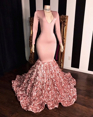 Pink Long Sleeves Flowers Mermaid Prom Gowns | Elegant V-Neck Evening Dress_2