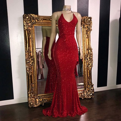 Sexy Sequins Sleeveless Mermaid Prom Dresses | Glitter Halter Red Evening Gowns_2