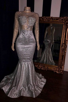 Elegant Appliques Sheer  Prom Dresses | Sliver Long Sleeves Mermaid Evening Gowns_1
