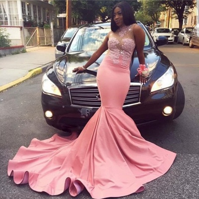 Pink Appliques Sheer Mermaid Prom Dresses | High-Neck Sleeveless Evening Gowns_3