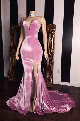 Pink Velvet Sweetheart Prom Dresses | Elegant Side Slit Mermaid Long Evening Gowns_1