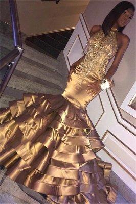 Glamorous Gold Mermaid High Neck Sleeveless Ruffles Crystal Long Prom Dress_1