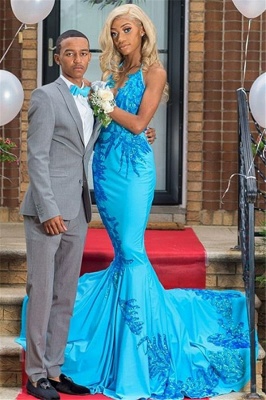 Elegant Appliques Mermaid Prom Dresses | Sexy Blue Halter Sleeveless Evening Gowns_1