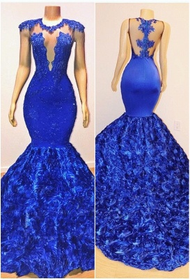2019 Royal-Blue Flowers Mermaid Long Evening Gowns | Glamorous Sleeveless With lace Appliques Prom Dresses_1