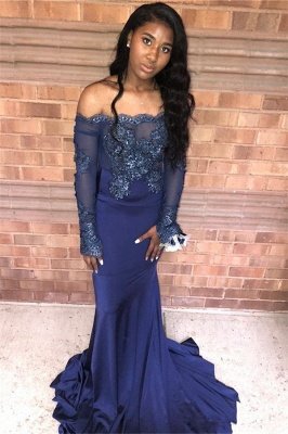 Navy Blue Appliques Long Sleeveless Prom Dresses | Sexy Off The Shoulder Mermaid Evening Gowns_3