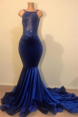 Sexy Mermaid Spahgetti-Straps Openback Velvet Applique Long Prom Dress_3