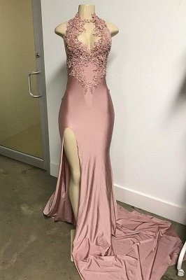 Pink Sleeveless Front Slit Appliqued Long Mermaid Prom Dresses_1