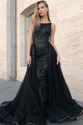 Sleeveless Sexy Mermaid Evening Gowns | Appliques Lace Overskirt Black Prom Dresses_1
