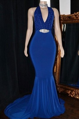 Sexy Halter Sleeveless Mermaid Prom Dresses | V-Neck Appliques Crystal Evening Gowns_1