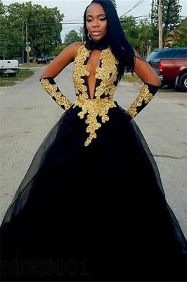 Chic Gold Appliques Ball Gown Prom Dresses | Elegant Black Halter  Evening Gowns_1