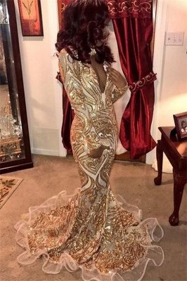 Glamorous Deep V-Neck Long Sleeves Gold Appliques Mermaid Long Prom Dress_1