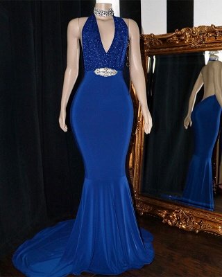 Sexy Halter Sleeveless Mermaid Prom Dresses | V-Neck Appliques Crystal Evening Gowns_2