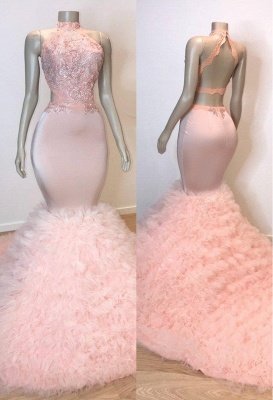 Pink Halter Sleeveless Mermaid Prom Dresses | Chic Open Back Lace Evening Gowns_1
