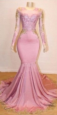 Pink Appliques Long Sleeves Prom Dresses | Gorgeous Mermaid Evening Gowns_1