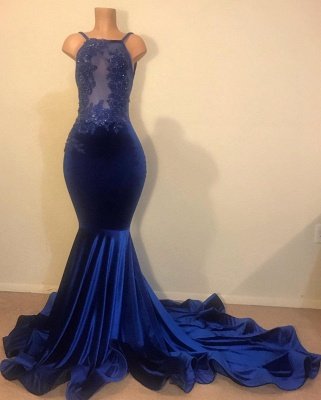 Sexy Mermaid Spahgetti-Straps Openback Velvet Applique Long Prom Dress_1