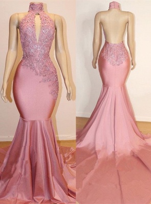 Halter Backless Sexy Mermaid Appliques Long Train Prom Dresses_1