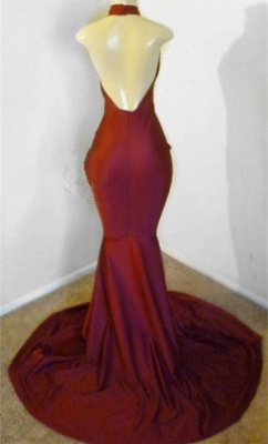 Burgundy Halter Appliques Backless Sexy Mermaid Prom Dresses_2