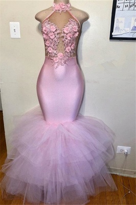 Pink Halter Sleeveless Flower Appliques  Mermaid Prom Dress_1