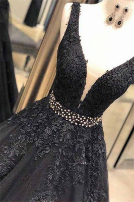 Black Tulle Appliques Lace A-Line Floor-length Prom Dress With Crystal Belt_2