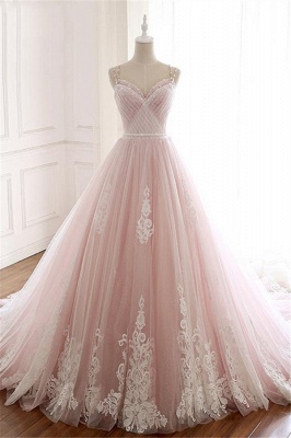 Stunning A-Line Spaghetti Straps Appliques Lace Tulle Backless Prom Dress_1