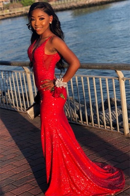 Gorgeous Red Sequins Sexy Mermaid Spaghetti-Straps Long Prom Dresses_1