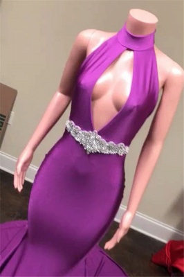 New Arrival Purple Halter V-Neck Backless Sleeveless Sexy Mermaid Evening Gown_3