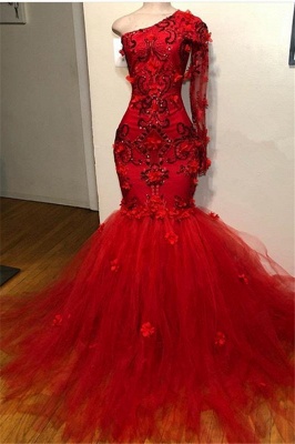Gorgeous Red One-Shoulder Long-Sleeves Appliques Sexy Mermaid Prom Dress_1