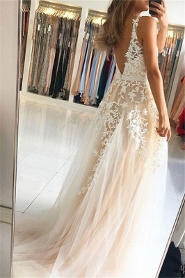 Deep V-neck A-Line Tulle Backless Appliques Lace Floor-length Prom Dress_2