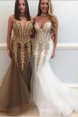 Sweetheart Spaghetti Golden Appliques Mesh Sexy Mermaid Prom Dresses_3