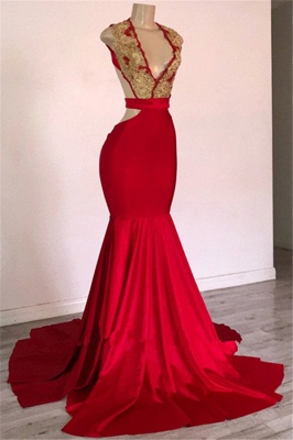 Burgundy Straps Appliques Backless Sexy Mermaid Prom Dresses_1