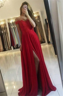 Stylish Off-the-shoulder Beading Appliques A-Line Ruffles Prom Dress With Side Slit_1