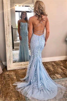 Elegant Appliques Spaghetti Straps Mermaid Criss-cross Straps Prom Dresses_1