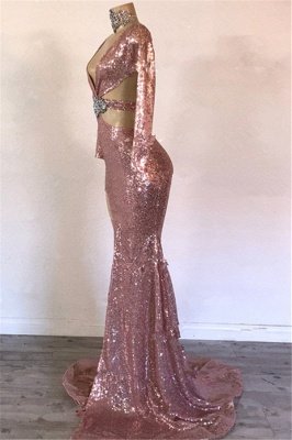 Glamorous Sequins V-Neck Long Sleeves Side Slit Sexy Mermaid Prom Dresses_2