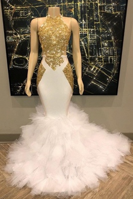 Sleeveless Golden Appliques Mesh Button Sexy Mermaid Prom Dresses_3